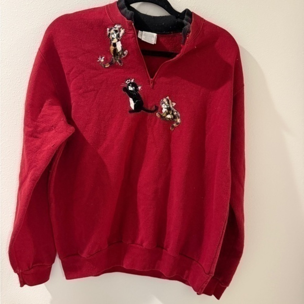 Top Stitch Women's Large Vintage Red Embroidered Cat Sweatshirt 1/4 Zip Pullover